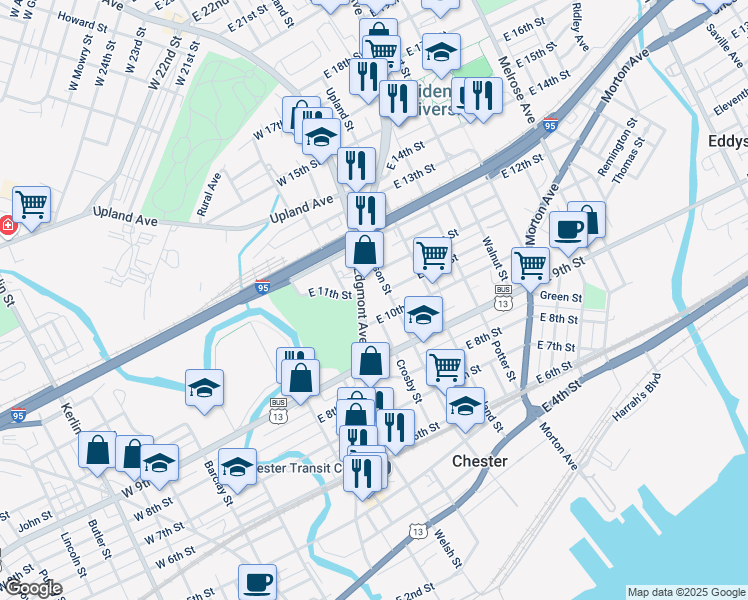 map of restaurants, bars, coffee shops, grocery stores, and more near 1100 Madison Street in Chester