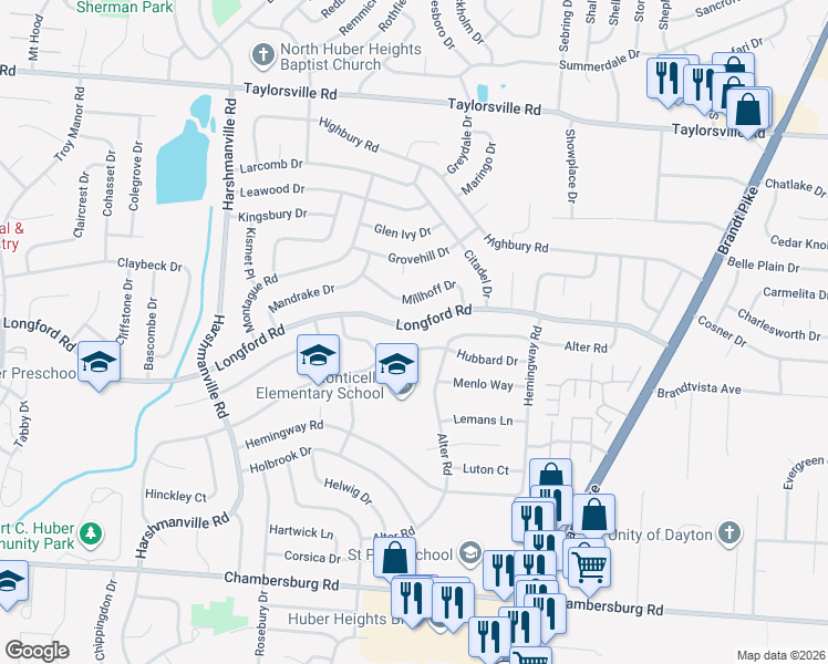 map of restaurants, bars, coffee shops, grocery stores, and more near 6400 Longford Road in Dayton