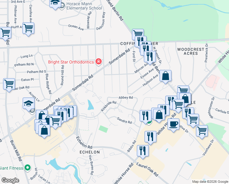 map of restaurants, bars, coffee shops, grocery stores, and more near 221 Camden Avenue in Voorhees Township