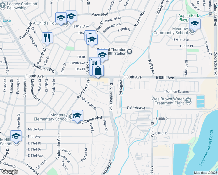 map of restaurants, bars, coffee shops, grocery stores, and more near 2630 Devonshire Court in Thornton