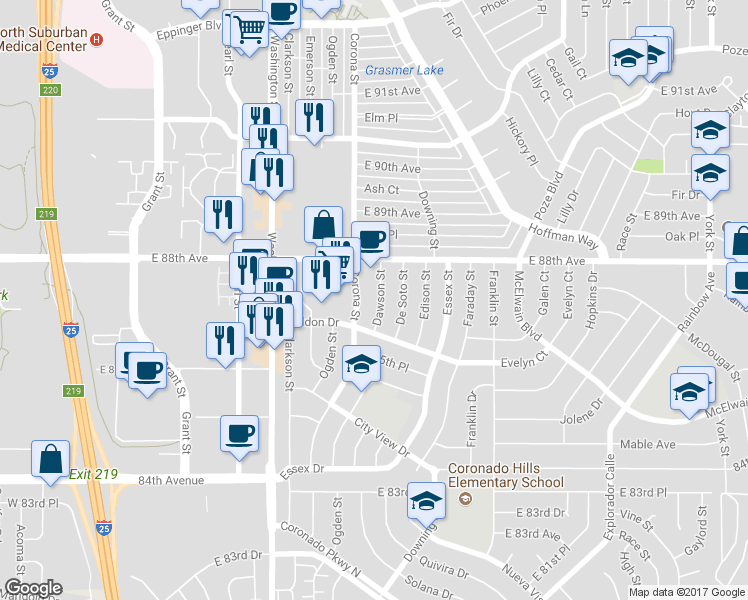 map of restaurants, bars, coffee shops, grocery stores, and more near 8761 Dawson Street in Denver