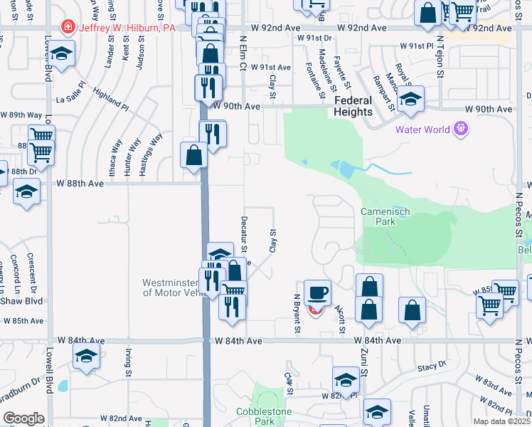 map of restaurants, bars, coffee shops, grocery stores, and more near 8685 Clay Street in Westminster