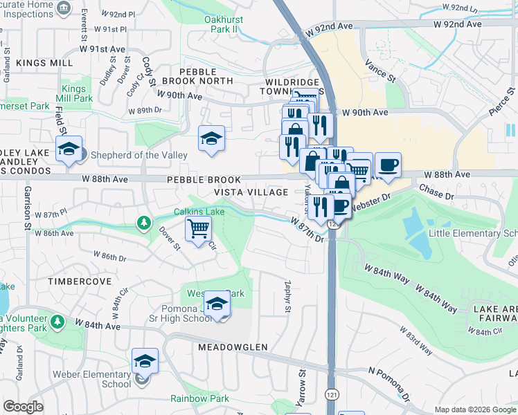 map of restaurants, bars, coffee shops, grocery stores, and more near 8783 West 87th Drive in Westminster