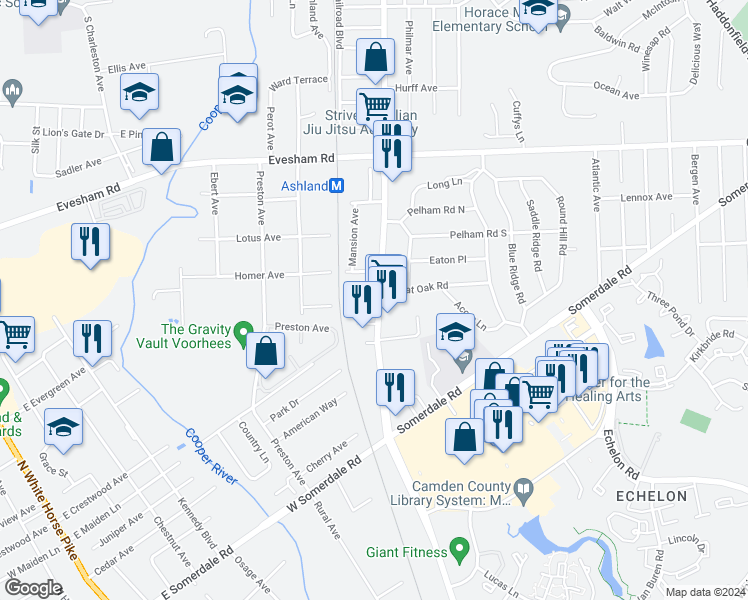 map of restaurants, bars, coffee shops, grocery stores, and more near 230 Burnt Mill Road in Voorhees Township