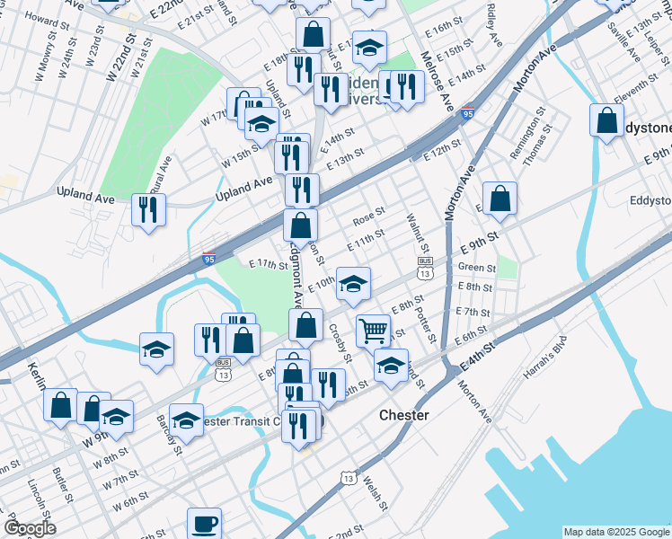 map of restaurants, bars, coffee shops, grocery stores, and more near 326 East 10th Street in Chester