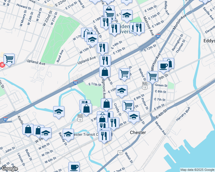 map of restaurants, bars, coffee shops, grocery stores, and more near 1100 Madison Street in Chester