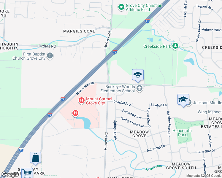 map of restaurants, bars, coffee shops, grocery stores, and more near 2475 Merrybell Court in Grove City