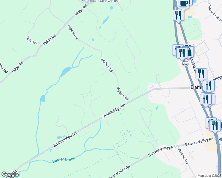 map of restaurants, bars, coffee shops, grocery stores, and more near 288 Heyburn Road in Chadds Ford
