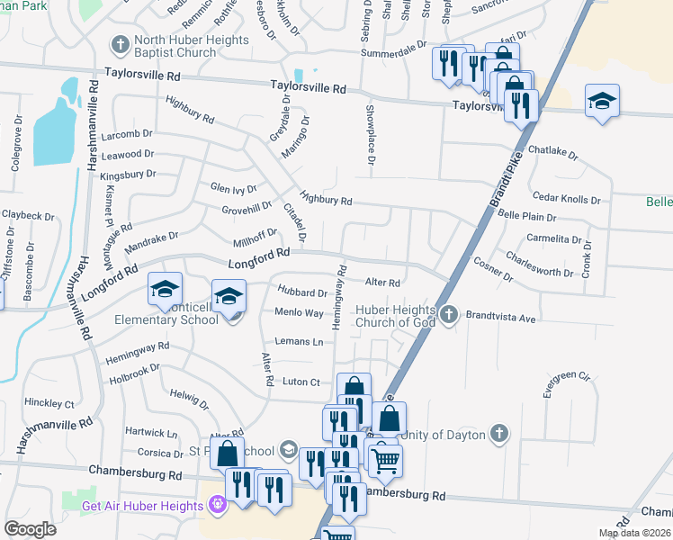 map of restaurants, bars, coffee shops, grocery stores, and more near 6763 Alter Road in Dayton