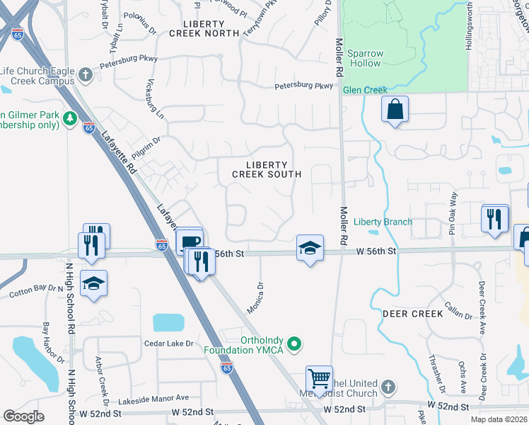 map of restaurants, bars, coffee shops, grocery stores, and more near 5690 Abercromby Circle in Indianapolis