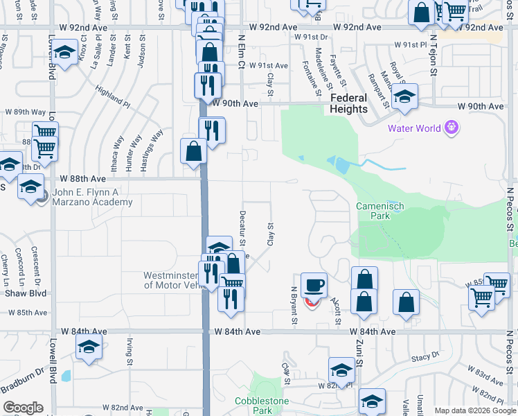 map of restaurants, bars, coffee shops, grocery stores, and more near 8685 Clay Street in Westminster
