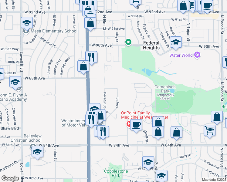 map of restaurants, bars, coffee shops, grocery stores, and more near 8685 Clay Street in Westminster