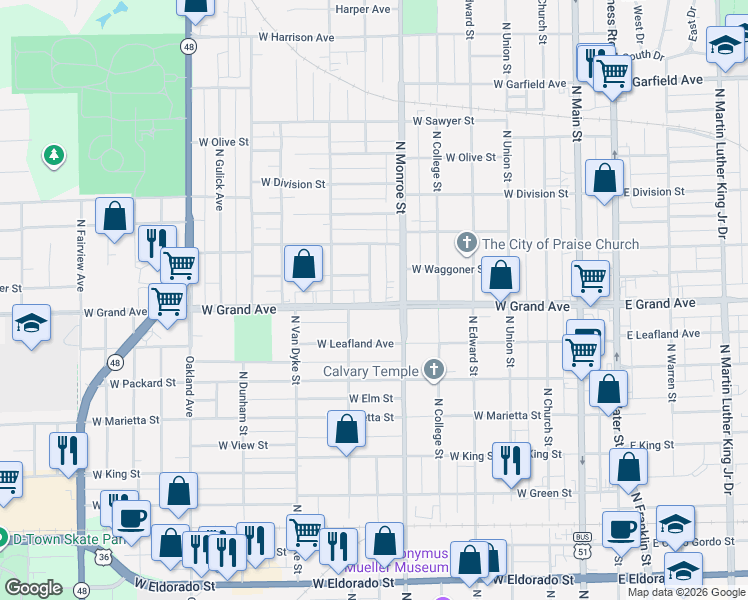 map of restaurants, bars, coffee shops, grocery stores, and more near 1316 North Huron Street in Decatur