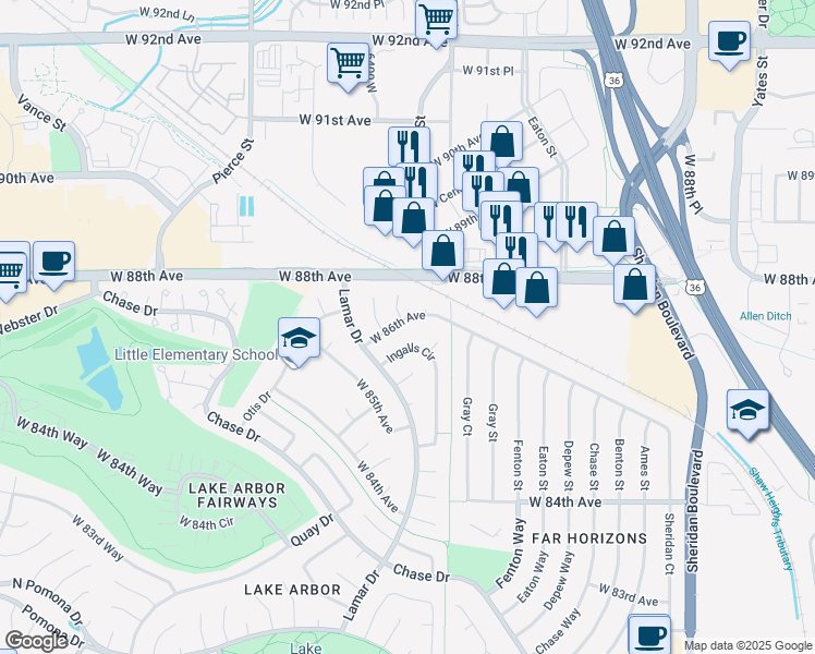 map of restaurants, bars, coffee shops, grocery stores, and more near 6226 West 86th Avenue in Arvada