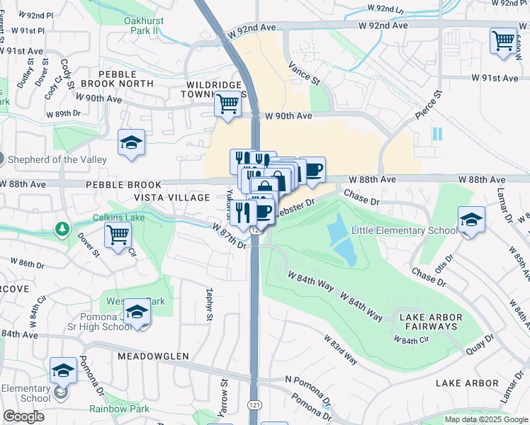 map of restaurants, bars, coffee shops, grocery stores, and more near 8700 Wadsworth Boulevard in Arvada