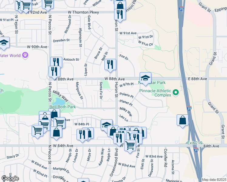 map of restaurants, bars, coffee shops, grocery stores, and more near 8701 Huron Street in Thornton