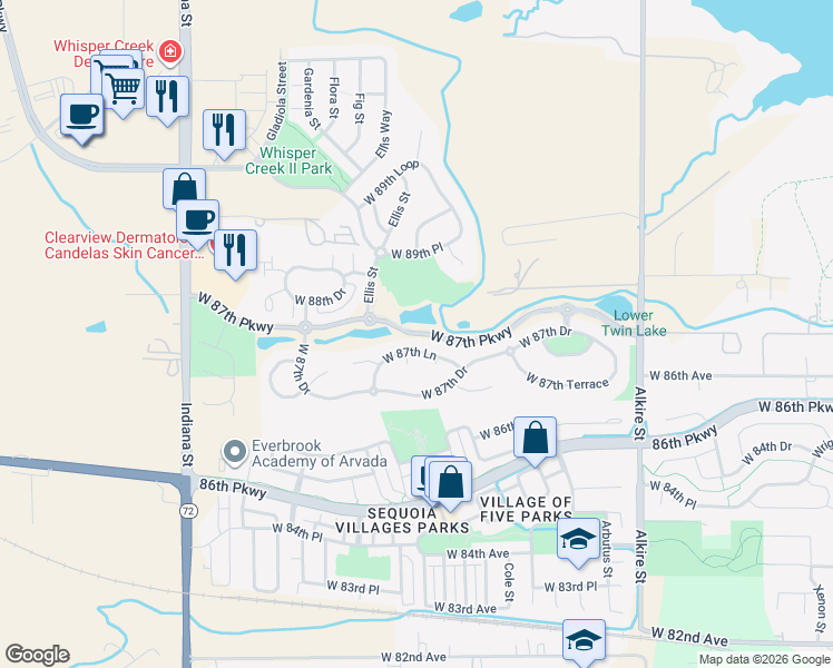 map of restaurants, bars, coffee shops, grocery stores, and more near West 87th Parkway in Arvada