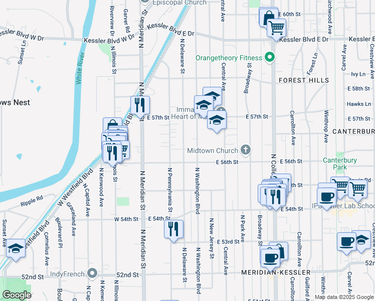 map of restaurants, bars, coffee shops, grocery stores, and more near 5630 North Delaware Street in Indianapolis