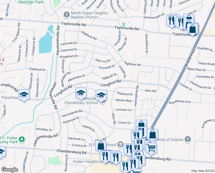 map of restaurants, bars, coffee shops, grocery stores, and more near 6400 Longford Road in Dayton