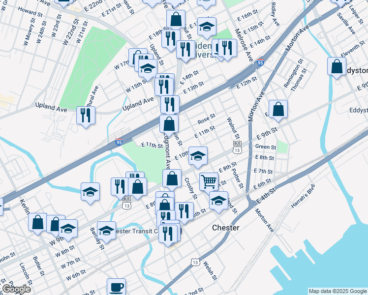 map of restaurants, bars, coffee shops, grocery stores, and more near 1013 Madison Street in Chester