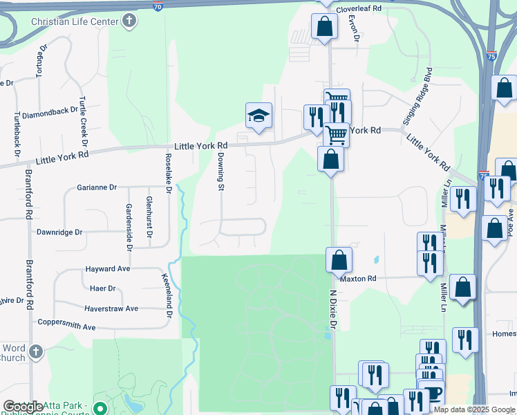 map of restaurants, bars, coffee shops, grocery stores, and more near 7420 New York Way in Dayton