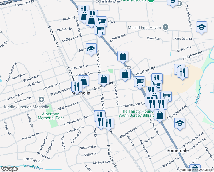 map of restaurants, bars, coffee shops, grocery stores, and more near 118 Evesham Avenue East in Magnolia