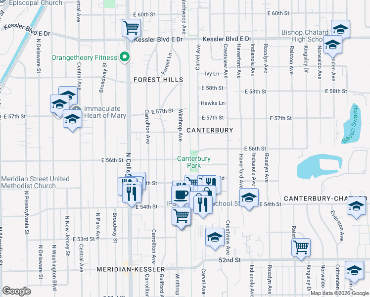 map of restaurants, bars, coffee shops, grocery stores, and more near 5602 Carvel Avenue in Indianapolis