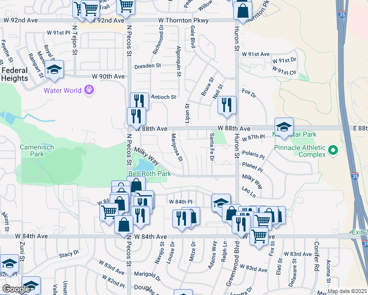 map of restaurants, bars, coffee shops, grocery stores, and more near 8750 Mariposa Street in Thornton
