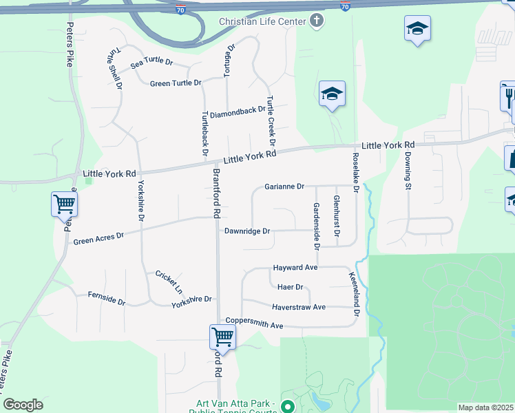 map of restaurants, bars, coffee shops, grocery stores, and more near 7480 Larissa Court in Dayton