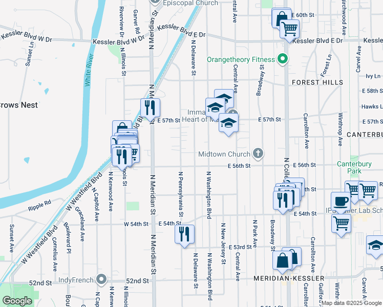 map of restaurants, bars, coffee shops, grocery stores, and more near 5630 North Delaware Street in Indianapolis