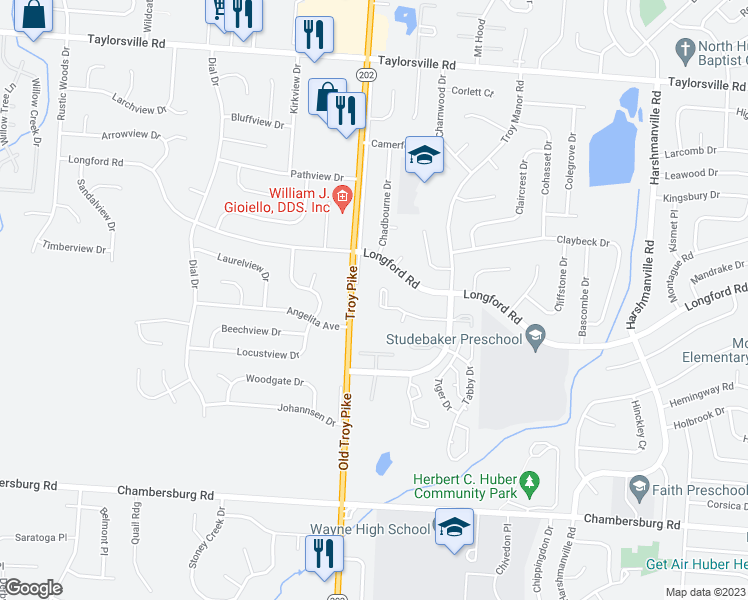 map of restaurants, bars, coffee shops, grocery stores, and more near 5861 Troy Villa Boulevard in Dayton