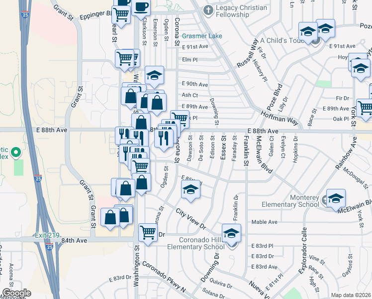 map of restaurants, bars, coffee shops, grocery stores, and more near 8761 Dawson Street in Denver