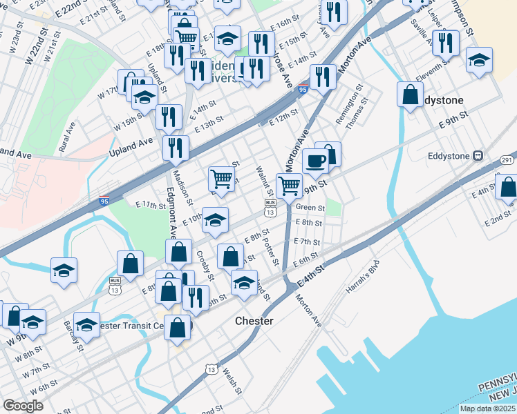 map of restaurants, bars, coffee shops, grocery stores, and more near 512 9th Street in Chester