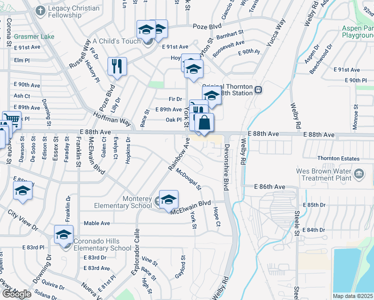 map of restaurants, bars, coffee shops, grocery stores, and more near 8720 Cheryl Drive in Denver