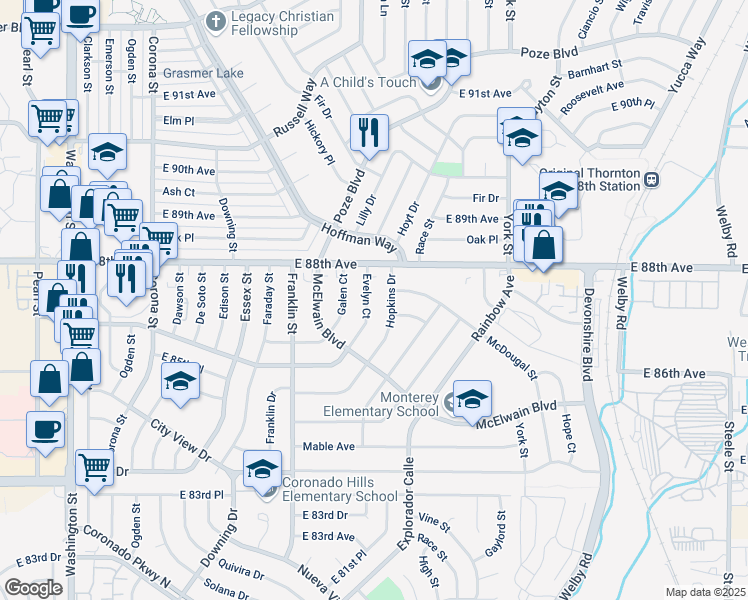 map of restaurants, bars, coffee shops, grocery stores, and more near 8731 Evelyn Court in Denver