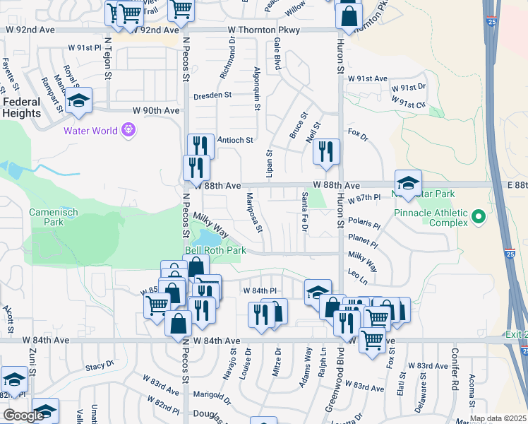 map of restaurants, bars, coffee shops, grocery stores, and more near 8750 Mariposa Street in Thornton