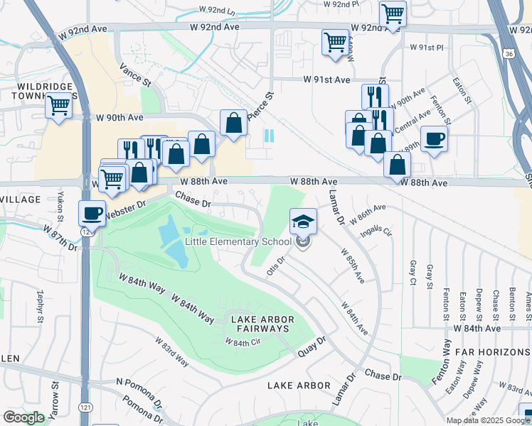 map of restaurants, bars, coffee shops, grocery stores, and more near 8752 Pierce Way in Arvada