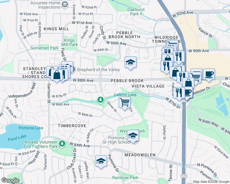 map of restaurants, bars, coffee shops, grocery stores, and more near 8648 Carr Loop in Westminster
