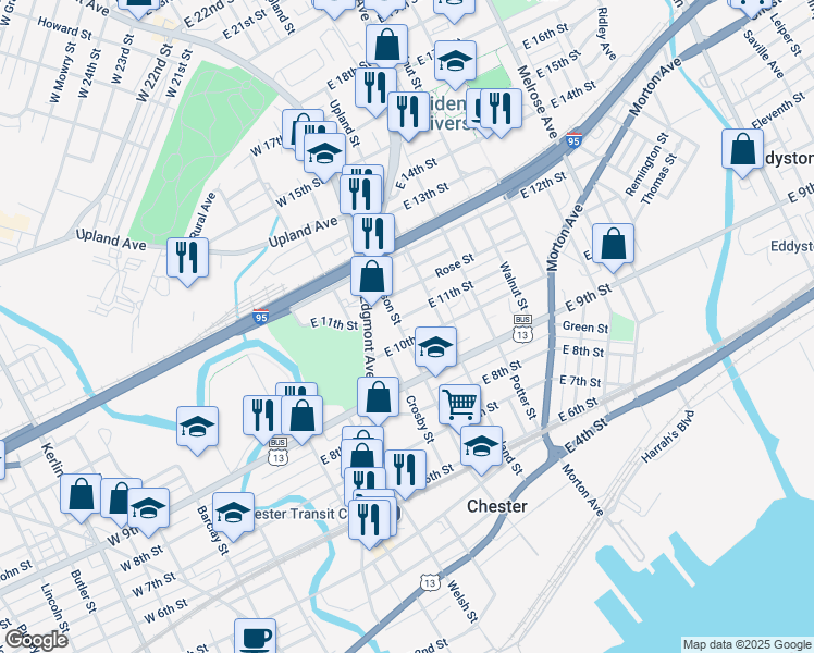 map of restaurants, bars, coffee shops, grocery stores, and more near 1013 Madison Street in Chester