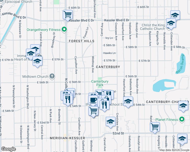 map of restaurants, bars, coffee shops, grocery stores, and more near 5602 Carvel Avenue in Indianapolis