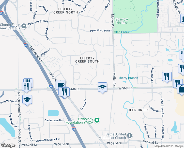 map of restaurants, bars, coffee shops, grocery stores, and more near 5688 Liberty Creek Parkway in Indianapolis