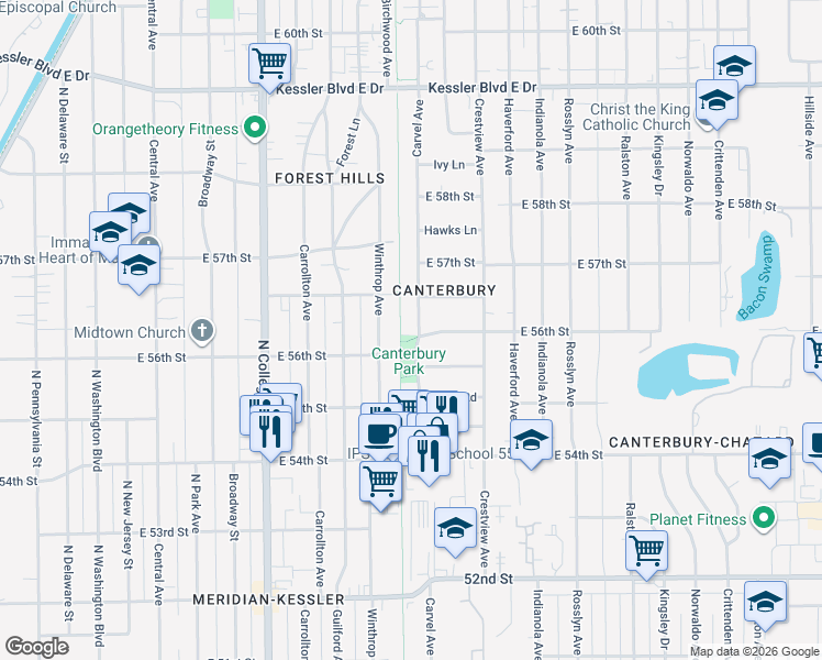 map of restaurants, bars, coffee shops, grocery stores, and more near 5602 Carvel Avenue in Indianapolis