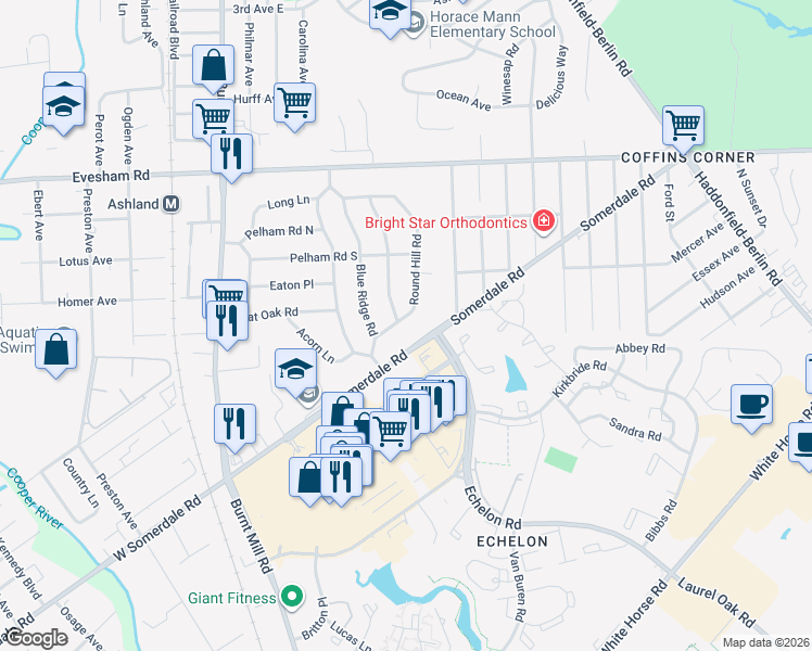 map of restaurants, bars, coffee shops, grocery stores, and more near 131 Round Hill Road in Voorhees Township