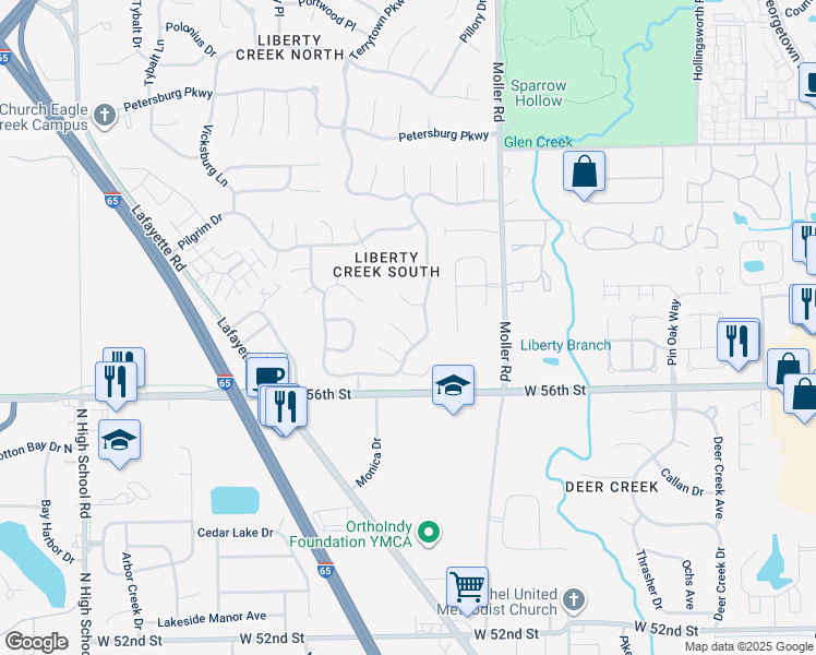 map of restaurants, bars, coffee shops, grocery stores, and more near 5688 Liberty Creek Parkway in Indianapolis