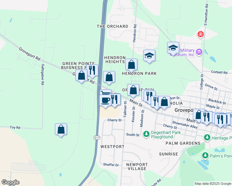 map of restaurants, bars, coffee shops, grocery stores, and more near Groveport Road in Groveport