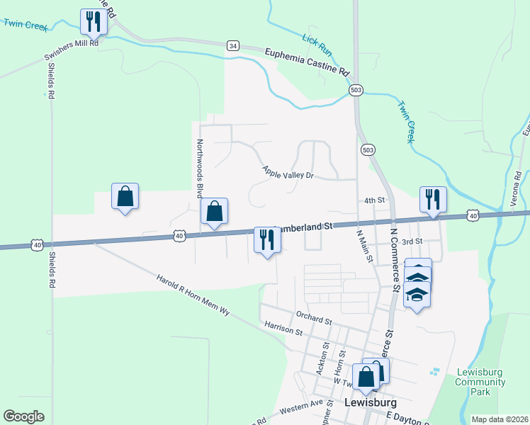 map of restaurants, bars, coffee shops, grocery stores, and more near 122 Ronald Drive in Lewisburg