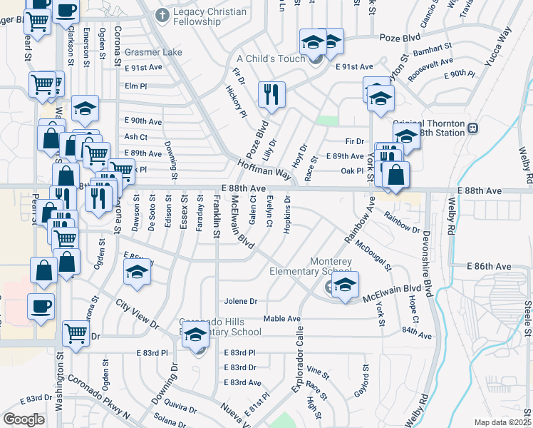 map of restaurants, bars, coffee shops, grocery stores, and more near 8731 Evelyn Court in Denver