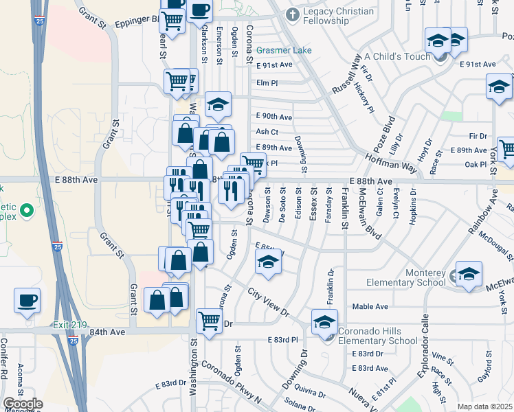 map of restaurants, bars, coffee shops, grocery stores, and more near 8760 Corona Street in Thornton