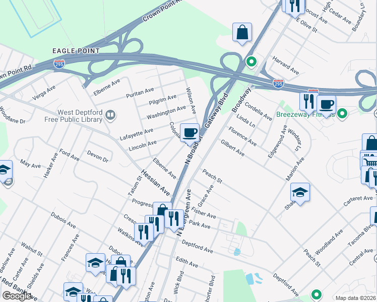 map of restaurants, bars, coffee shops, grocery stores, and more near 1 Colonial Ave in West Deptford
