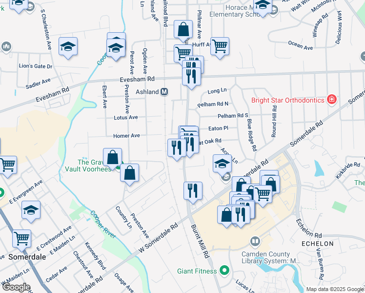 map of restaurants, bars, coffee shops, grocery stores, and more near 230 Burnt Mill Road in Voorhees Township